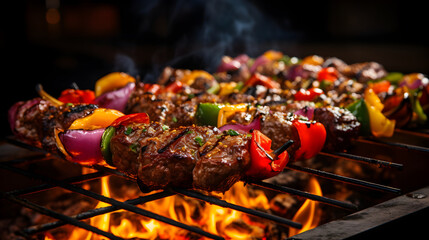 Naklejka premium Shish Kebab Cooking on an Outdoor Grill