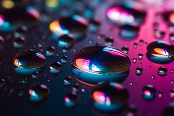 Closeup of water drops on colorful holographic surface. Colorful abstract macro background of round geometry with air bubbles inside. Sparkly cover with muted colors. Generative AI - obrazy, fototapety, plakaty