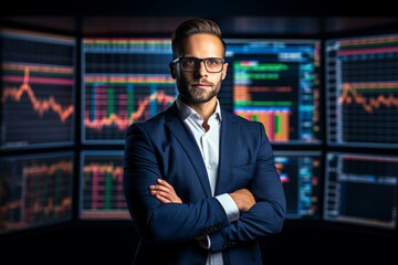 A financial consultant, adorned in a sharp suit, stands confidently with arms crossed in front of a large screen, which vividly displays an array of stock market data and graphs. 