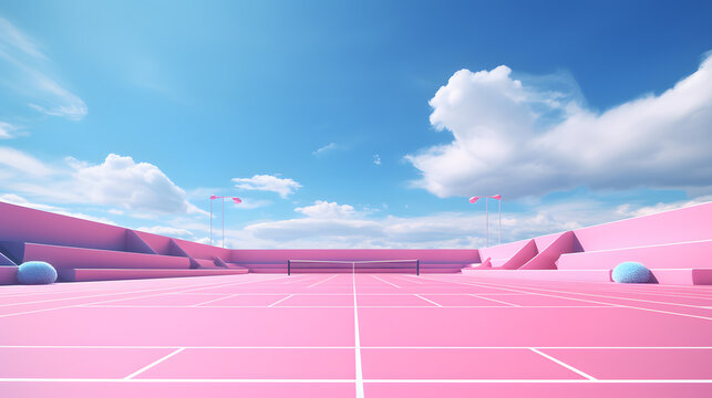 Pink outdoor tennis court, sport ground, library for child, surreal 