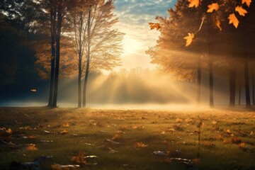 Autumn. leafs in a autumn field with sunlight - obrazy, fototapety, plakaty