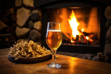 craft saison beer near fireplace with firewood