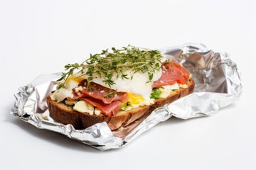 open-faced sandwich in foil on minimalist white background