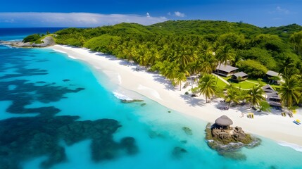 Aerial view of beautiful beach with palm trees at Seychelles