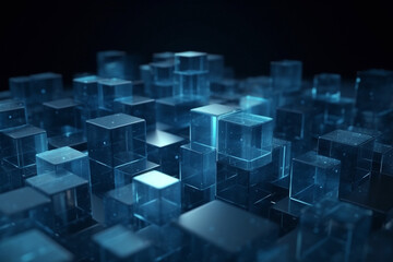 3d transparent light blue cubes over dark background. Technology and business concept. Ai generated
