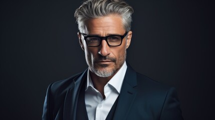 Photo of a handsome man in a business suit and stylish glasses.