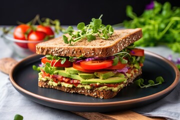 healthy veggie sandwich on rye bread on ceramic plate