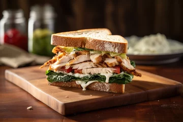 Zelfklevend Fotobehang chicken caesar sandwich on rye bread, on a wooden table © Alfazet Chronicles