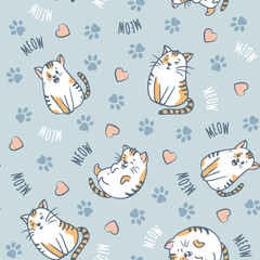 seamless pattern with cats. Cartoon cats on blue background. Funny pet hand-drawn illustration in doodle style. Vector
