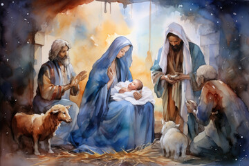 watercolor illustration Christian nativity scene. Virgin Mary, Jesus Christ, Joseph, Star of Bethlehem.For Merry Christmas greeting cards