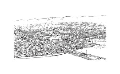 Obraz premium Building view with landmark of Santa Barbara is the city in California. Hand drawn sketch illustration in vector.