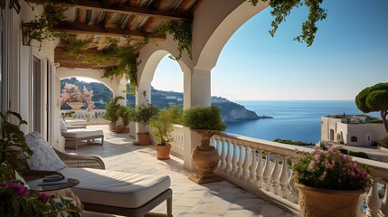Panoramic view of the sea from the terrace of a villa - obrazy, fototapety, plakaty