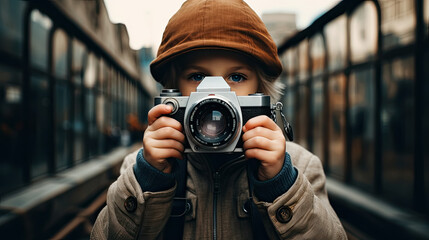 a kid using a camera to take picture - obrazy, fototapety, plakaty