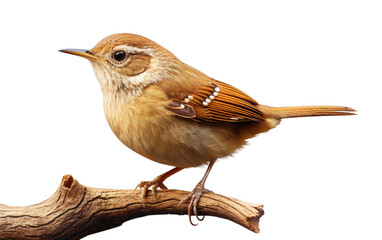 Fototapeta premium Brown Color Wren Bird Standing on Branch of Tree on White Transparent Background.