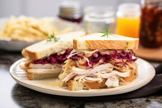 Fresh Turkey And Sauerkraut Sandwich On A Serving Plate