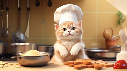 A cat in chef hat with bread ingredient. ai generative