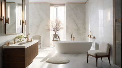 Transport yourself to a serene spa-like bathroom retreat. Imagine a freestanding soaking tub placed against a backdrop of floor-to-ceiling marble tiles, with soft, indirect lighting that creates a sen - obrazy, fototapety, plakaty