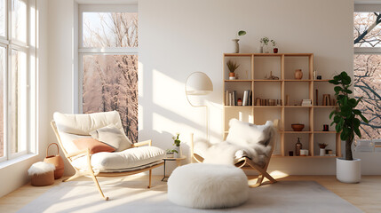 Immerse yourself in the charm of a Scandinavian-inspired living room. Visualize a cozy corner with a Scandinavian-style lounge chair, a fluffy sheepskin rug, and a shelf filled with minimalist decor, 
