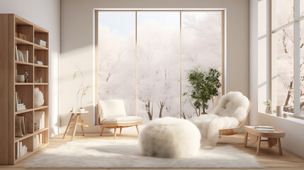 Fototapeta na wymiar Immerse yourself in the charm of a Scandinavian-inspired living room. Visualize a cozy corner with a Scandinavian-style lounge chair, a fluffy sheepskin rug, and a shelf filled with minimalist decor, 
