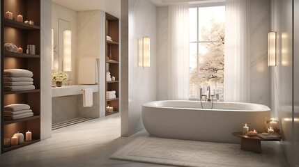 Transport yourself to a serene spa-like bathroom retreat. Imagine a freestanding soaking tub placed against a backdrop of floor-to-ceiling marble tiles, with soft, indirect lighting that creates a sen - obrazy, fototapety, plakaty