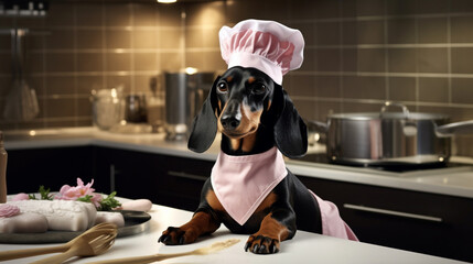 Black and tan dachshund cooker wearing white chef hat and robe and a pink bow tie in the kitchen. ai - obrazy, fototapety, plakaty