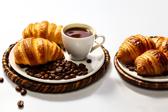 Isolated image of a delicious croissant, cup with coffee and coffee beans on a white background
