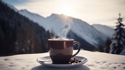 Winter drink – hot chocolate or coffee with the cream, spice, cocoa and cinnamon on winter landscape background with snow, forest and mountains. - obrazy, fototapety, plakaty