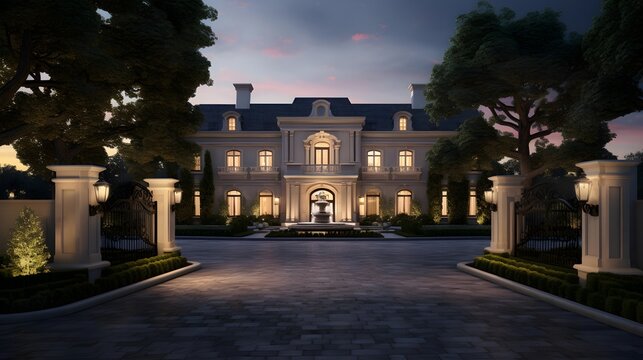 3D CG rendering of building and garden at night. High resolution image.
