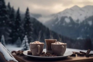 Poster Winter drink – hot chocolate or coffee with the cream, spice, cocoa and cinnamon on winter landscape background with snow, forest and mountains. © Ilia