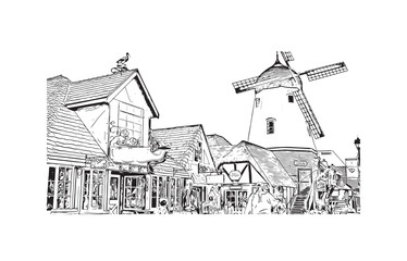 Naklejka premium Building view with landmark of Santa Barbara is the city in California. Hand drawn sketch illustration in vector.