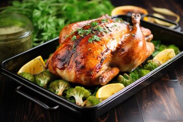 marinated turkey on oven tray with parsley - obrazy, fototapety, plakaty