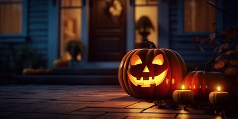 Enchanting halloween. Glowing jack o lantern. Spooky pumpkin lantern with house. October charm. Carved pumpkin grins