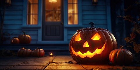 Obraz premium Enchanting halloween. Glowing jack o lantern. Spooky pumpkin lantern with house. October charm. Carved pumpkin grins