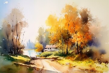 Watercolor landscape painting. Generative AI