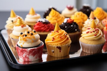 boxing day themed cupcakes lined on a tray