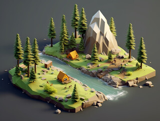 3D image of a campsite in a pine forest. Close to the river that runs through the forest.