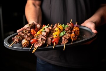 hand carrying a platter of grilled meat skewers