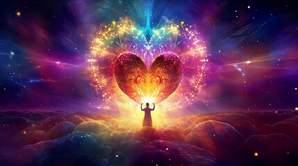 Healer channeling in a comic glowing heart. Loves surrounding, cosmic beautiful universal love, heart filled with life, and lights. Meditation. Chakra. Concept of esoteric and spirituality - obrazy, fototapety, plakaty