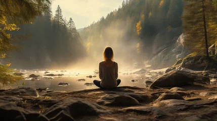 Gordijnen Mindfulness visualized serene nature tranquil water, meditation in the forest © trustmastertx