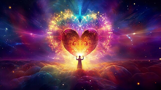 Healer channeling in a comic glowing heart. Loves surrounding, cosmic beautiful universal love, heart filled with life, and lights. Meditation. Chakra. Concept of esoteric and spirituality