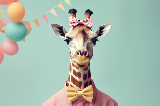 Giraffe in party cone hat necklace bowtie outfit isolated on solid pastel background advertisement, birthday party invitation