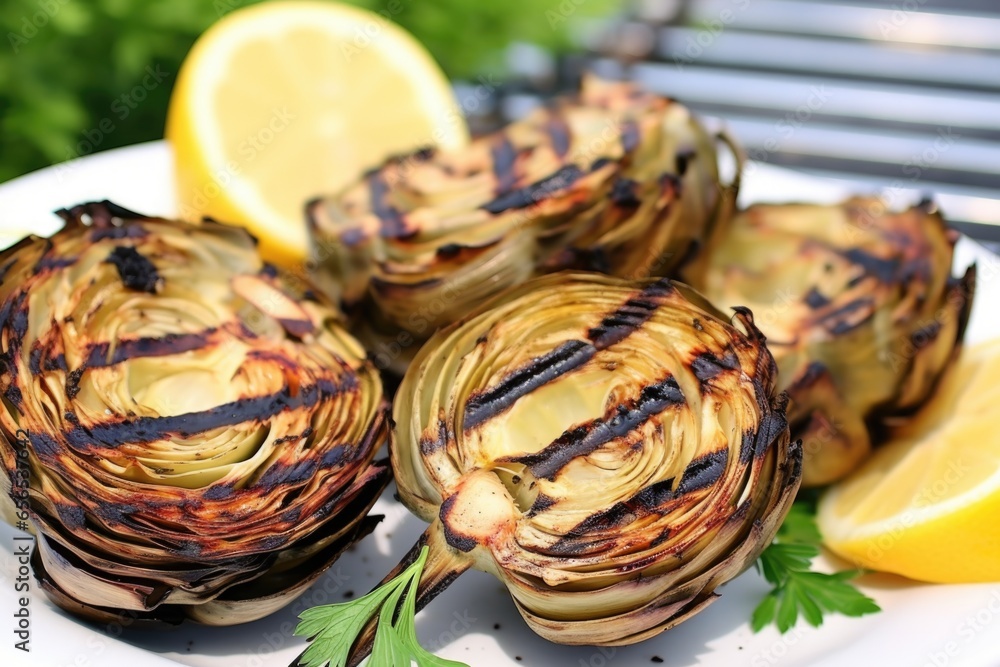 Sticker close-up view of grilled artichokes on a white dish