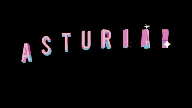 Bright letters jump merrily in the inscription ASTURIAS city. Retro. Alpha channel black. Looped from frame 120 to 240, Alpha BW at the end