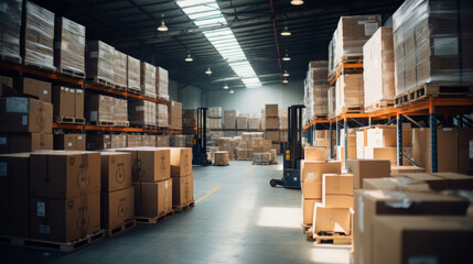 Shelves in retail warehouse with goods in boxes. Logistics and transportation product distribution