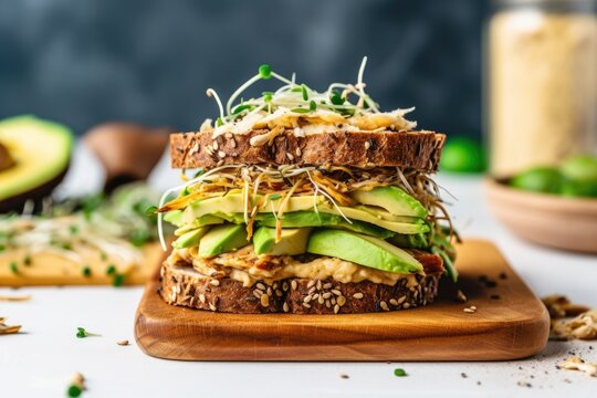 chicken, avocado, and sprouts sandwich on grain bread