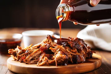 Foto op Canvas hand pouring homemade bbq sauce onto pulled pork © Natalia