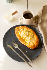 traditional Georgian cuisine.  Open pie with mozzarella cheese. Ajara khachapuri