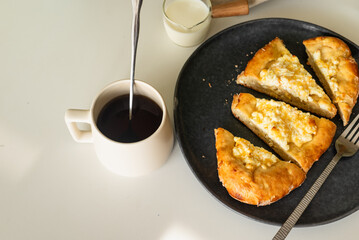 traditional Georgian cuisine.  Open pie with mozzarella cheese. Ajara khachapuri