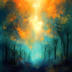 Fantasy landscape with fog and trees. Abstract nature background. Digital painting.