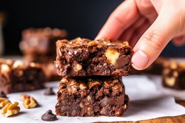 hand holding a square piece of brownie with crunchy walnuts on top - obrazy, fototapety, plakaty